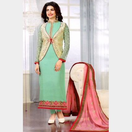 Vinay’s Shawal Kameez and attached koti (vest) in soft Georgette with high quality lucrative dupatta with quality metallic embroidery work